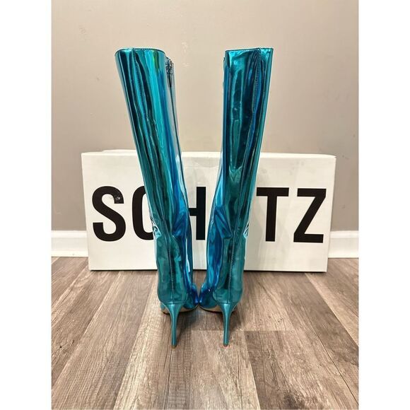 Schutz Mary Mary Up Turquoise Metallic Leather Pointed-Toe Knee-High Boots - Picture 9 of 12